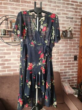 Calvin Klein Navy Floral Wrap High-Low Dress